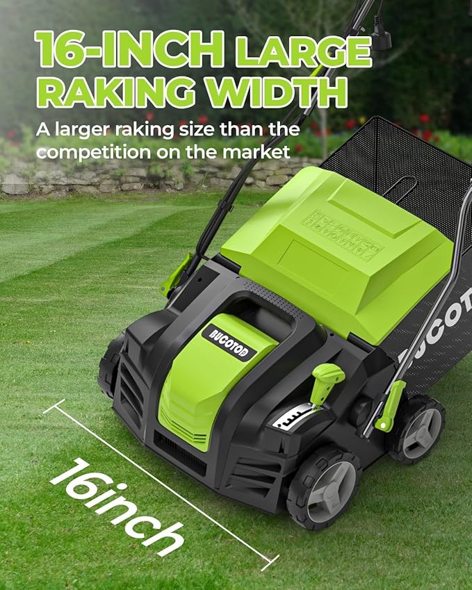 2-in-1 Electric Dethatcher and Scarifier, 13-Inch Raking & Scarifying, Turf Dethatcher & with 4-Position Height Adjustment, 14.5 gal Removable Thatch Bag for Lawn Health