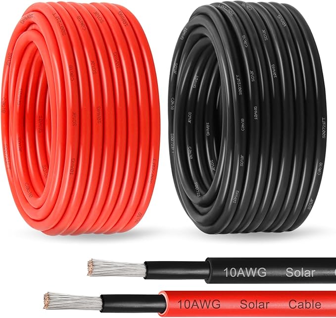 Solar Panel Wire 10 AWG(6mm²) - Solar Extension Cable 30Ft Black & 30Ft Red 10 Gauge Tinned Copper PV Wire for Outdoor Automotive RV Solar Panel Boat Marine (Black+Red)