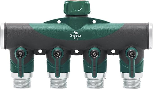 Garden Hose Splitter 4 Way - Heavy Duty Water Hose Manifold with Shut-Off Valves - Outdoor Faucet Divider and Spigot Connector for Garden, Lawn, or Patio Use - Durable Brass Pipe Splitter - Classic
