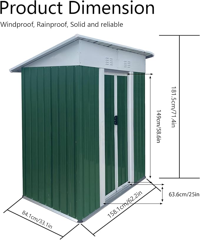 5X3 Feet Small Mini Outdoor Storage Sheds Pent Roof Green with Aluminum Alloy Frame and Sliding Door, for Backyard, Patio, Poolside