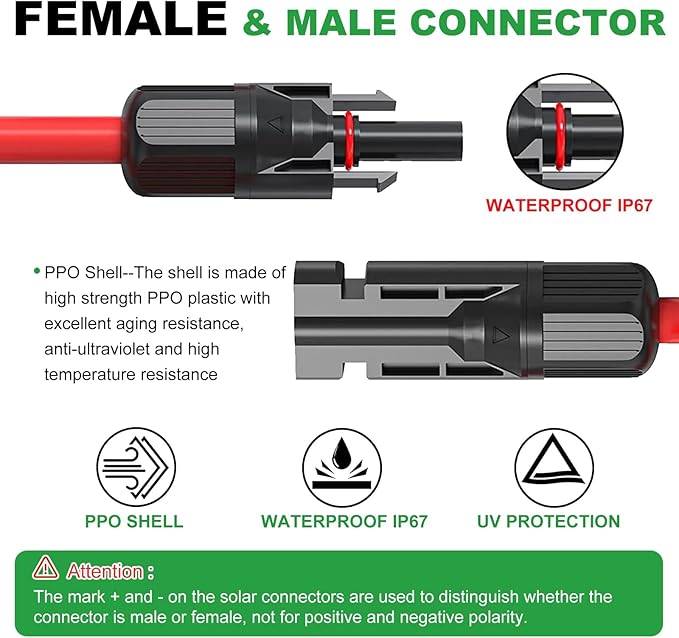 Oududianzi Solar Extension Cable 20Ft, Solar Wire 10AWG, Tinned Copper PV Cable 10Gauge, Solar Panel Cables with Waterproof Connectors for Home Boat RV Outdoor Camping Solar Panels