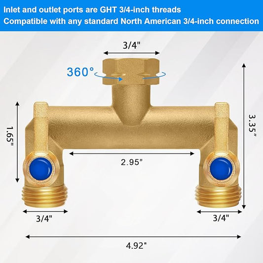 Brass Garden Hose Splitter, Garden Hose Splitter 2 Way Heavy Duty, Outdoor Hose Splitter, GHT 3/4 in. Female Inlet and 3 Way 3/4 in. Male Outlet for Regulating and Shutting Off Water Flow