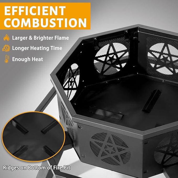 35 Inch Outdoor Fire Pit, Heavy Duty Wood Burning Firepits for Outside, Octagonal Metal Bonfire Fire Pits with Fire Poker for Camping, Backyard, Patio, Garden, Beach, Poolside, Picnic