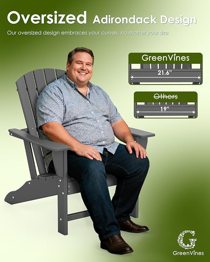 GREENVINES Adirondack Chair | HDPE Plastic | Oversized Fire Pit Chairs | All Weather | Grey | Poly Lumber | for Outdoor Deck Backyard Patio Garden