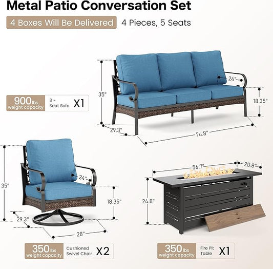 4 Piece Metal Outdoor Patio Furniture Sets with Firepit Table, Patio Conversation Sets 1 3-Seater Sofa, 2 Swivel Sofa with 5.75" Thick Cushion Backyard Furniture for Deck, Denim Blue