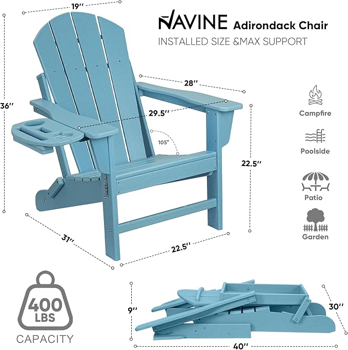 Adirondack Chair Set of 4, HDPE Folding Adirondack Chair with Multifunctional Cup Holder, Weather Resistant Fire Pit Chair for porches, patios, poolsides, Decks.