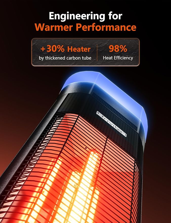 Outdoor Electric Patio Heater, Built-in Speaker & RGB Mood Light, 43 inch, 1500W Infrared Tower Heater with 5-Heat Levels, IP65 Waterproof, 24H Timer, Aluminum Unibody, For Garage, Bedroom, Deck Use