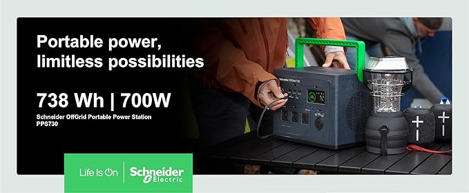 Schneider OffGrid 738Wh Portable Power Station, PPS730 Portable Solar Generator with Wireless Charging Pad, for Camping or Home