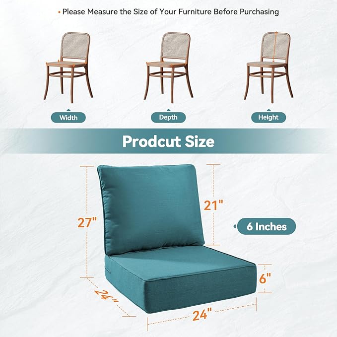 6" Thick Outdoor Cushions 24x24x6, 7-Set Deep Seat Patio Cushions with Removable Cover, Waterproof & Fade Resistant Replacement for Wicker Chair, Loveseat, Sofa - Peacock Green