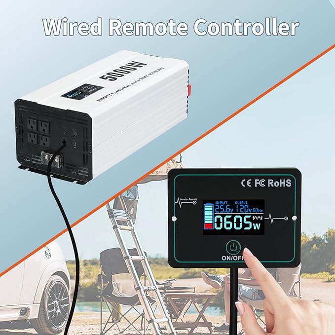 5000 Watts Power Inverter, Pure Sine Wave 24V DC to 120V AC Off Grid Solar Inverter with Wired Remote Switch LCD Display 4 AC Outlets Hardwire Terminal for Home RV Camping