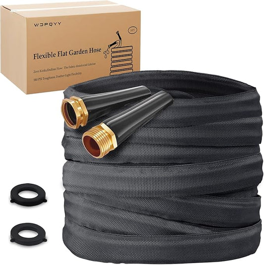 Lightweight Flat Garden Hose 25ft, 800D Woven Water Hose with 3/4” Aluminum-Copper Fittings with 2 Rubber Washers, 580 PSI Burst Pressure, Flexible Kink-Free Hose for Outdoor, Lawn & Yard