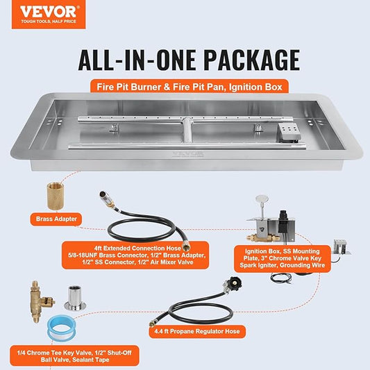 VEVOR 36 x 12 inch Drop-in Fire Pit Pan, Rectangular Stainless Steel Fire Pit Burner Kit, Propane Fire Pan 150,000 BTU with H-Burner for Indoor or Outdoor Use