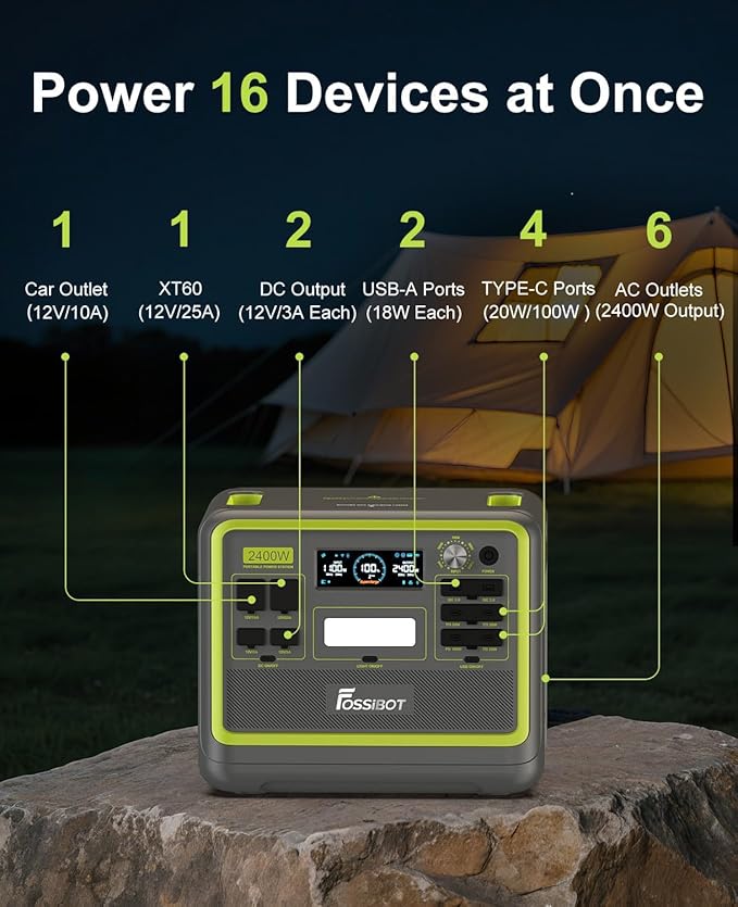FOSSiBOT F2400 Solar Generator 2400W (4800W Peak),2048Wh LiFePO4 Battery Solar Generator with 1100W AC & 500W Solar Charging APP Control,1.5H Fast Charging, for Camping, Home Use, Emergency,RV
