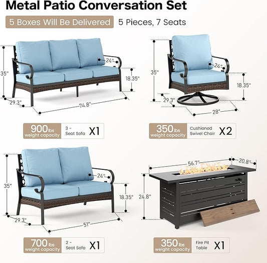 5 Piece Black Metal Outdoor Patio Furniture Sets with Firepit Table, Patio Conversation Sets 1 3-Seater Sofa, 1 2-Seater Sofa, 2 Swivel Sofa with 5.75" Cushion for Backyard Deck, Blue