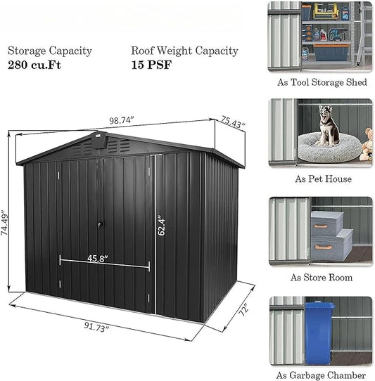 8.2x6.2ft Outdoor Storage Shed, Galvanized Steel Garden Shed with Gable Roof, Lockable Double Doors and 32 Air Vents, Large Utility Tool Storage for Backyard Patio