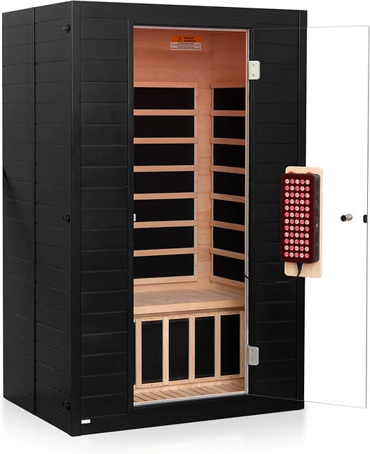 Infrared Sauna with Red Light Therapy, 2 Person Indoor Home Sauna Canadian Hemlock Wood Dry Heat Saunas Room with Bluetooth Speakers, 7 Color Chromotherapy Lamp, LCD Control Panel