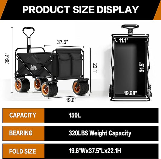 Highpro Heavy-Duty Folding Beach Cart with Extra Large 150L Capacity, 360° Locking Brakes, Waterproof Fabric, and 6 Storage Pockets – Holds Up to 320 lbs for Camping, Beach, and Outdoor Use