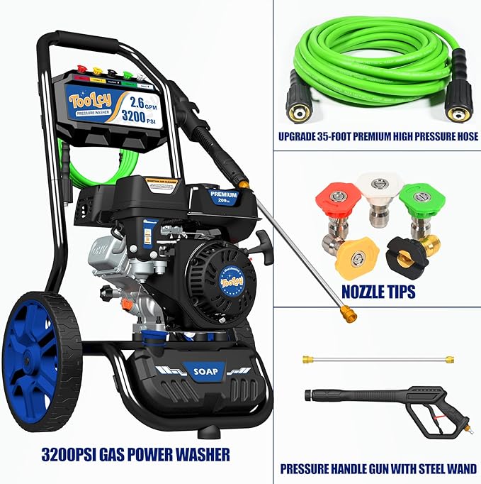 TOOLCY Gas Powered Pressure Washer, 3200 PSI and 2.6 Max GPM, 35FT Extended Power Hose, Kink-Less Swivel Gun with & 5 Nozzles, Reinforced Pump, for Cars/Fences/Driveways/Homes/Patios