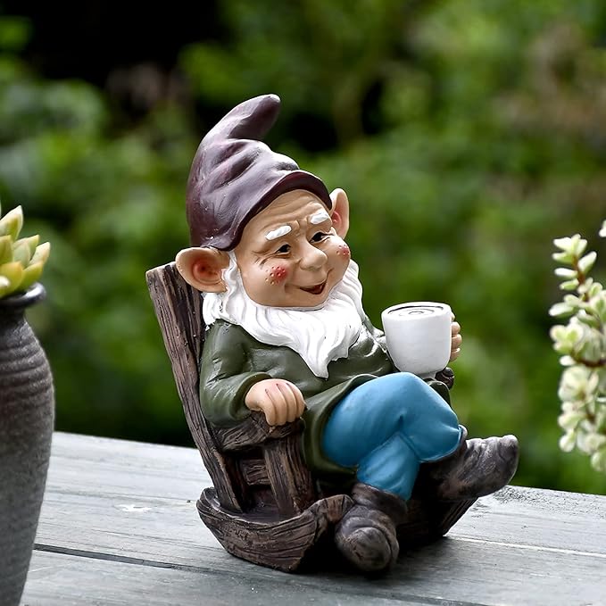 OwMell Gnome Statue for Garden, Drinking Gnome Figurine Ornament for Outdoor Patio Yard Lawn Decor 7" - Coffee