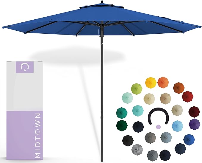Midtown Umbrellas Push Pop Sunbrella Umbrella 10 Feet Large Outdoor Umbrella With Dark Blue Fabric - Deck Patio Umbrella, Backyard Umbrella, Garden Umbrella & Pool Umbrella - Black Pole