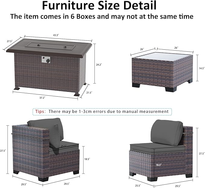 Outdoor Patio Furniture Set with Fire Pit Table, 10 Pieces Outdoor Furniture Set Patio Sectional Sofa w/43in Propane Fire Pit, PE Wicker Rattan Patio Conversation Sets - Grey.