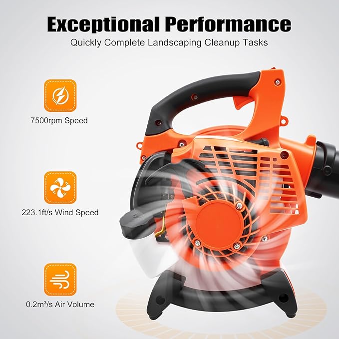 2-Stroke Handheld Leaf Blower, 25.4CC Hand-Pull Gas-Powered Engine Domestic Snow Blower Grass Sweeper Lawn Care Tool, Single-Cylinder Air Cooling for Snow Blowing Yard Cleaning
