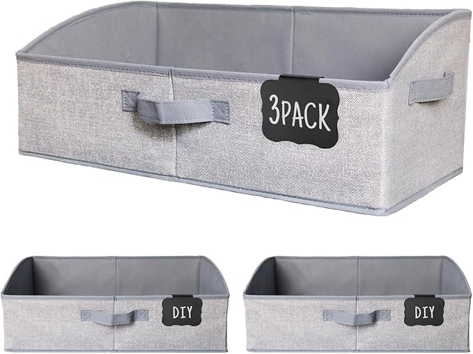 Closet Organizers and Storage with Labels Clip,Trapezoid Storage Bins,Storage Baskets for Shelves,Gift Basket Empty for Birthday,Books,Dog Toys,Foldable Toy Storage Organizer,Large,Grey,3-Pack