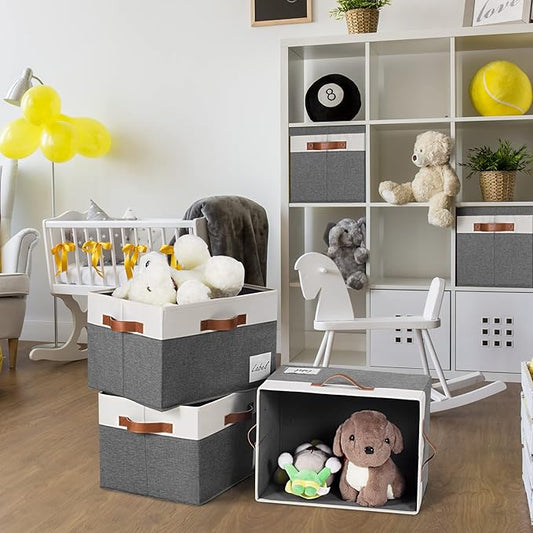 GhvyenntteS Extra Large Storage Bins with Lids 6 Pack, Foldable Fabric Storage Boxes with Lids and 3 Leather Handles, Storage Baskets with Label Window (Grey, 15.75" x 11.8" x 10.2")