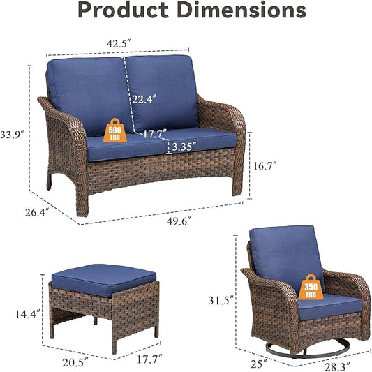 5 Pieces Patio Furniture Set, Outdoor Wicker Sofa with Swivel Patio Chairs, Ottomans, All Weather High Back Rattan Loveseat Couch with Comfy Cushions, Brown/Blue