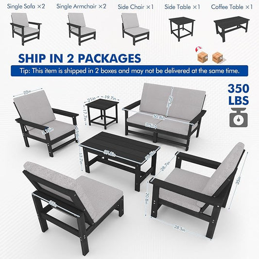 7-Piece HDPE Patio Furniture Set, All-Weather Outdoor Sectional Sofa Set w/Coffee Table+Side Table - Wood-Like Composite Conversation Couch for Deck, Lawn, Balcony - Black Frame with Cushion