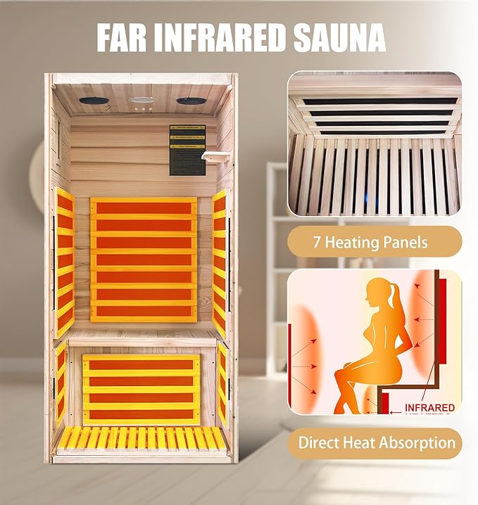 RIGO Home Personal Far-Infrared Sauna Room — 1065W 120V Wooden Dry Sauna Room with Red Light and Bluetooth Music Function, Single-Person Design, Dimensions: 31.5 * 31.5 * 63 inches