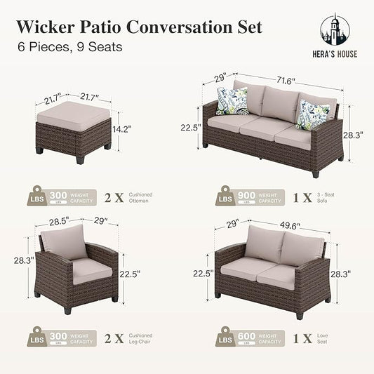 HERA'S HOUSE Wicker Patio Furniture Set, Outdoor Sectional Conversation Sets, 6 Pieces 9 Seats Outside Sofa Set for Lawn Backyard