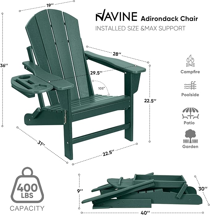 Adirondack Chair Set of 6, HDPE Folding Adirondack Chair with Multifunctional Cup Holder, Weather Resistant Fire Pit Chair for porches, patios, poolsides, Decks.
