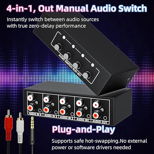 4 Channels 3.5mm Aux + RCA L/R Audio Switcher Box 4 in 1 Out/ 1 in 4 Out Bidirectional,4 in 1 Out A/B Analog Audio Switcher Selector No Power Need