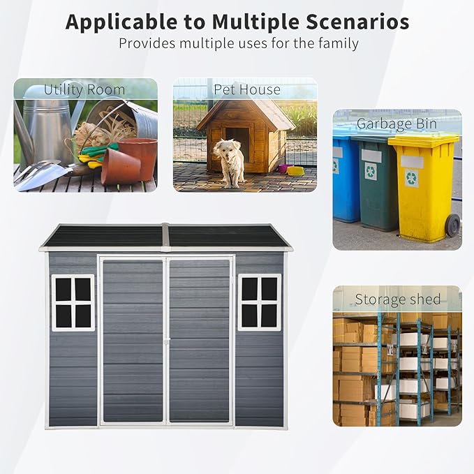 8x6 ft Outdoor Resin Storage Shed with Floor, Waterproof Plastic Garden Shed with Lockable Door and Two Windows, All-Weather Tool Sheds for Backyard, Patio, Lawn (Black)