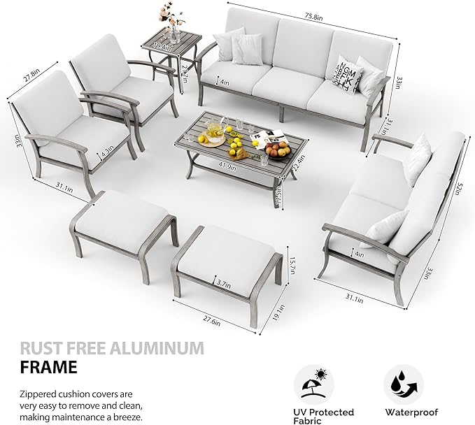 HAPPATIO 8 Piece Aluminum Patio Furniture Set, 3-Seat Outdoor Couch and Loveseat, All-Weather Outdoor Sectional Sofa with Armchairs and Ottomans, Garden Conversation Set with Tables(Gray)