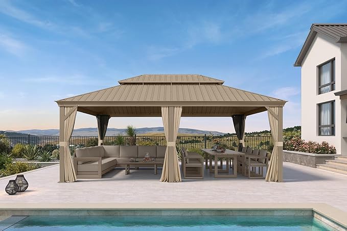 PURPLE LEAF Outdoor Gazebo 14'X20'，Champagne Hardtop Gazebo with Galvanized Steel Double Roof, Permanent Patio Gazebo with Curtains and Netting for Patio Lawn Garden and Deck