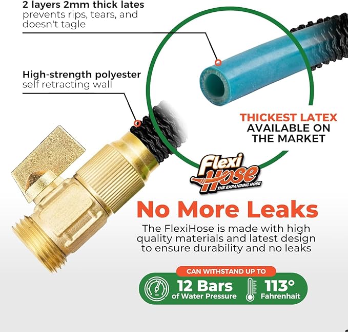 Flexi Hose Lightweight Expandable Garden Hose, 100FT -Retractable Garden Hose, Water Hose - No-Kink Flexibility, 3/4 Inch Solid Brass Fittings and Double Latex Core