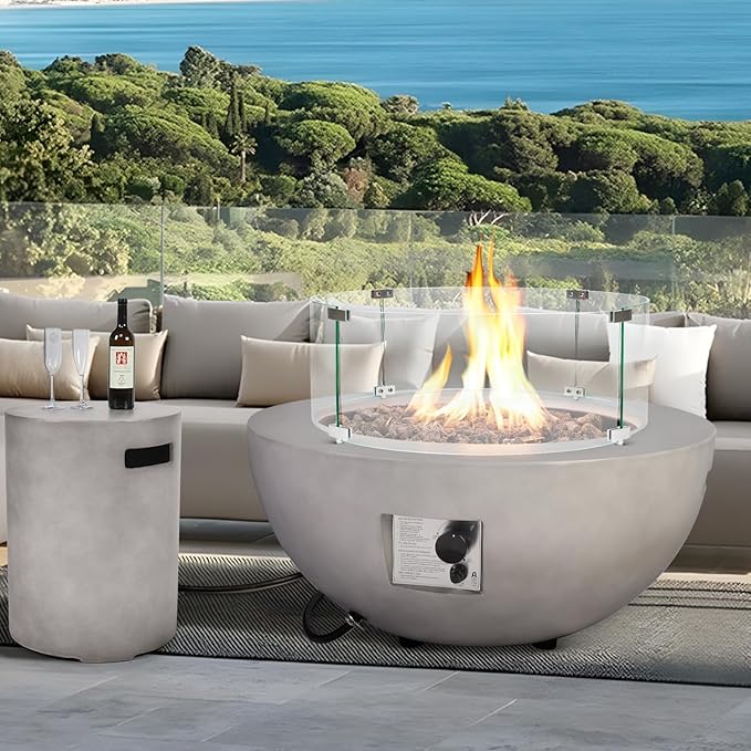 Round Propane Fire Pit–31.5 Inch Outdoor Modern Firepit 3-Piece 50,000 BTU Gas Concrete Fire Pit Tank Cover CSA Certification w Lid and Glass Wind Guard,Lava Rocks for Deck or Patio