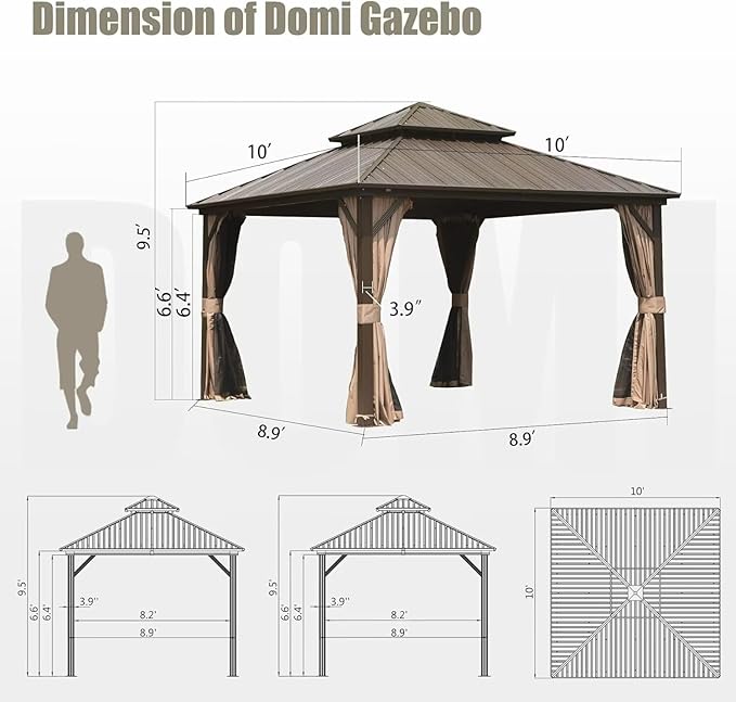 Domi 10'x10' Hardtop Gazebo Canopy,Outdoor Metal Gazebo with Galvanized Steel Double Roof,Curtain and Netting,Permanent Gazebos Pavilion for Patio Deck,Backyard