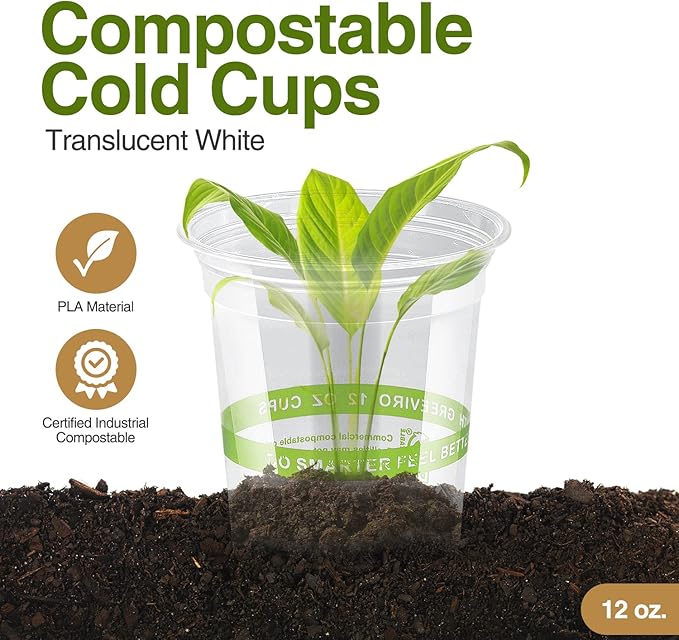 GREEVIRO Eco Compostable Plant-Based Clear Plastic Cups 12oz Thick, Reusable, Disposable Iced Coffee Cups for Smoothies, Beer & Any Beverages for Parties, Weddings & Gatherings