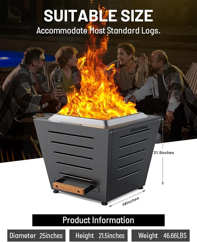 25 Inch Smokeless Fire Pit Stainless Steel Wood Burning Fireplace Portable Outdoor Fire Pit Patio Smokeless Firepit with Pull-Out Ash Tray and Handles, Black