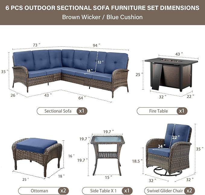 Belord 8 Pieces Patio Conversation Set with 43” Propane Fire Pit Table, Outdoor Sectional Furniture Sofa Set with Removable Cushions for Patio Deck Backyard Brown