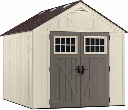Suncast 8x10 Ft. Outdoor Storage Shed - Large Resin Outdoor Shed with Floor Included, Lockable Double Doors & Skylights. 547 Cu Ft Tremont Garden Plastic Sheds for Lawn Tools, Riding Mowers, & Bikes