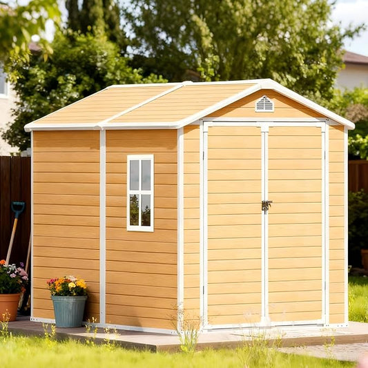 6x8 FT Plastic Resin Shed with Floor, All-Weather Storage Sheds Outdoor with Floor and Window Easy to Install, Large Plastic Sheds & Outdoor Storage for Garden & Backyard, Bright Yellow