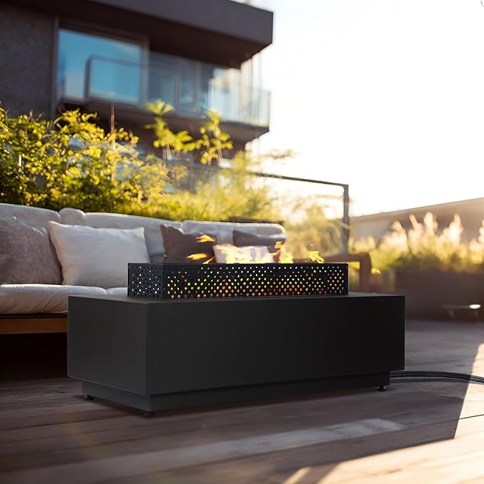 42 Inch Propane Fire Pit Table, 3-Piece Outdoor Rectangular Fire Pit, 50,000BTU Gas Firepit for Outside Patio with Griddle, Wind Guard, Lid, Black