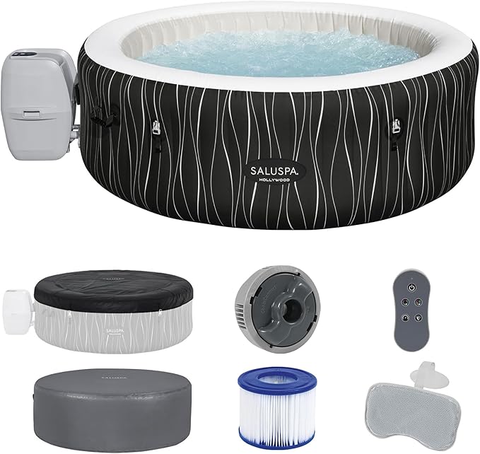 Bestway SaluSpa Hollywood EnergySense Luxe AirJet Round Inflatable 4 to 6 Adult Hot Tub with Heater, Filter, 2 Covers, and 140 AirJet System