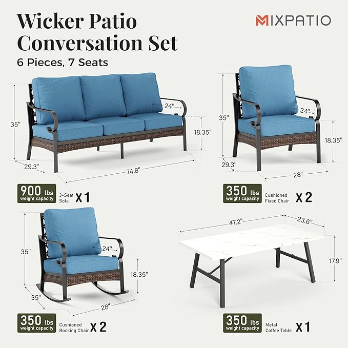 Patio Furniture Set with Firepit Table, Black Frame Outdoor Conversation Set with 2 x Fixed Chairs, 2 x Rocking Chairs, 1 x 3-Seat Sofa for Lawn Garden Backyard, Navy Blue