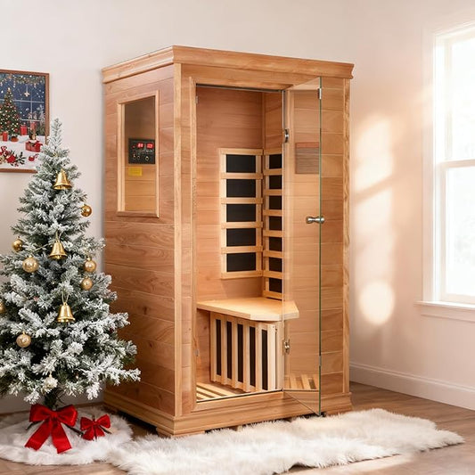 Far Infrared Sauna Room for 1 Person, Low EMF 960W/120V with Elevated Base, 6 Heating Panels, Built-in Speakers, Tea Tray, Control Panel, 35 * 27 * 61 Inch