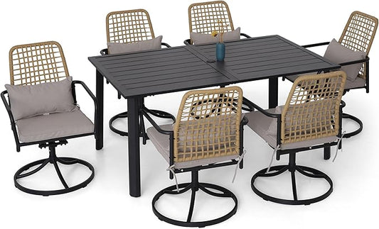 7-Piece Outdoor Dining Set, 6 Woven Swivel Chairs Set with Gray Cushions ＆ 63‘’ Rectangular Dining Table All Weather Furniture Set